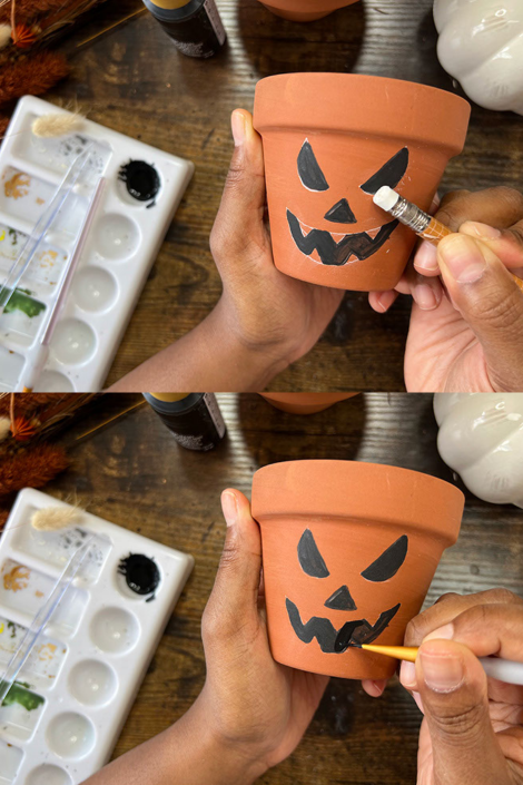 Two photos of a person's hands erasing leftover chalk lines and adding a second layer of paint on terracotta jack o lantern faces.