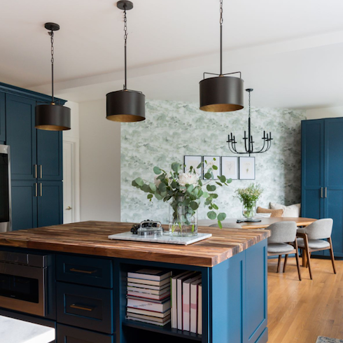 Blue and wood kitchen with island
