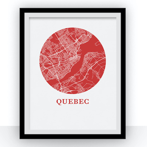 Framed Quebec City Map Poster from iLikeMaps as featured in HGTV’s Canadian Gift Ideas from Homegrown Small Businesses for Under $100