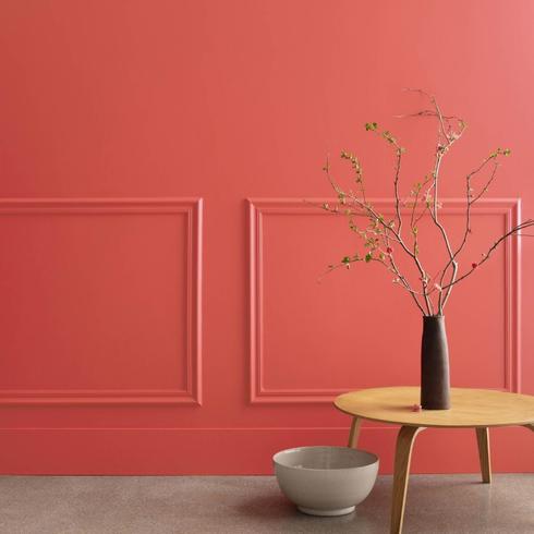 Hallway painted Raspberry Blush by Benjamin Moore as a 2023 paint colour of the year