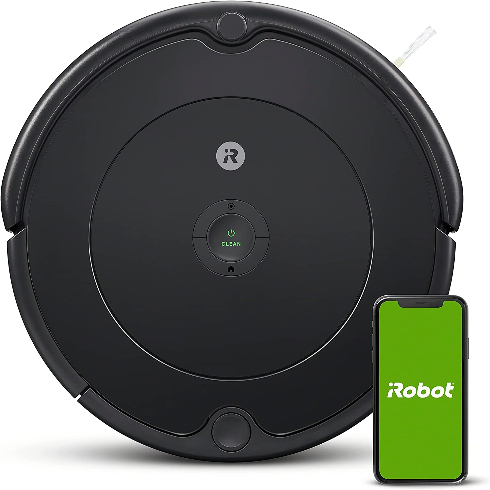 Product shot of a black iRobot Roomba vacuum