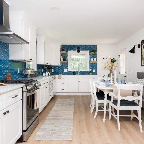 bright new kitchen with blue accents