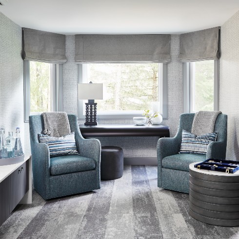 Media room with shades of grey and blue