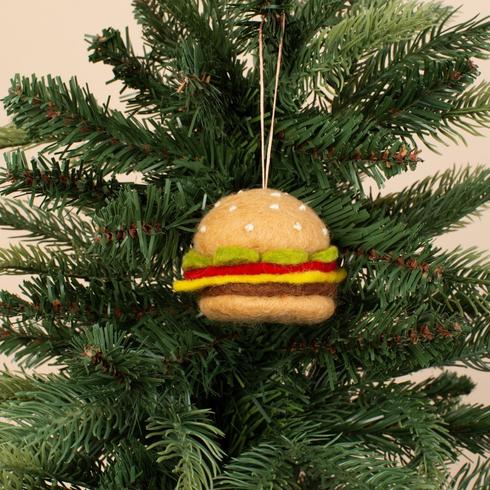 Felt burger ornament on a christmas tree
