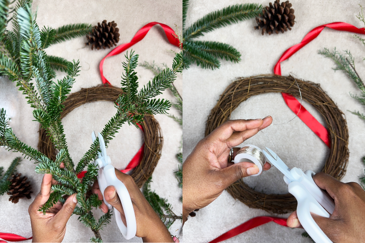 overhead shots of cutting evergreen branches and thin silver wire - easy wreath tutorial