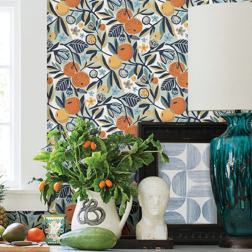 Bright colourful orange-themed wallpaper in a kitchen