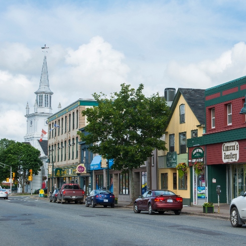 A quaint downtown street in Antigonish, Nova Scotia