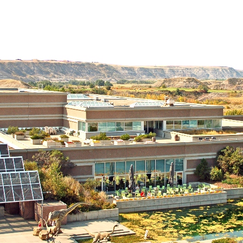 An overhead view of the Royal Tyrrell Museum in Drumheller, Alberta