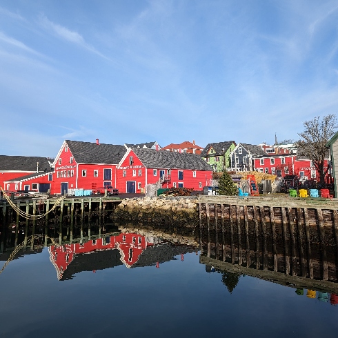 Brightly coloured homes by the seaside in Lunenberg, Nova Scotia