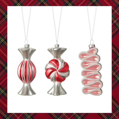 Three glass candy ornaments