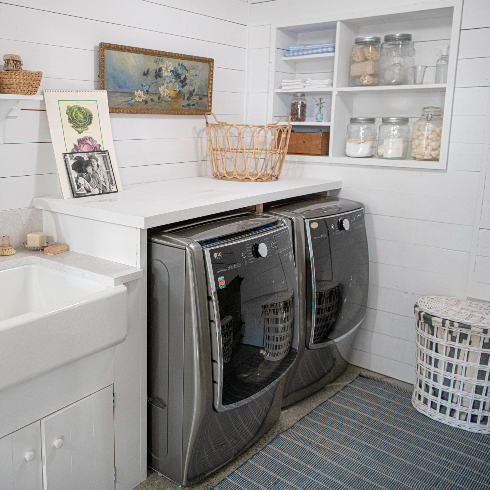 A shot of the laundry area in Pamela Anderson's renovated laundry room
