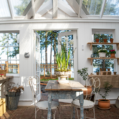 The interior of The Potting Shed with doors and windows open