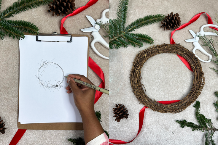 Person drawing wreath sketch - easy wreath tutorial 