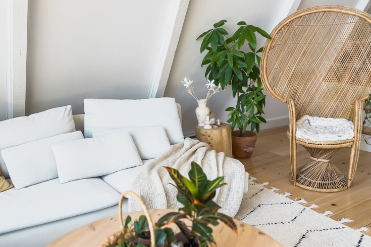 A medium shot of the seating area in the living room with white walls, a white couch and lots of plants