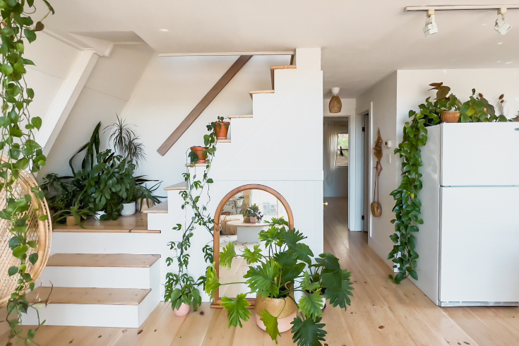 A shot of the stairs at the A-Frame house, pothos coming down from the second floor and above the fridge