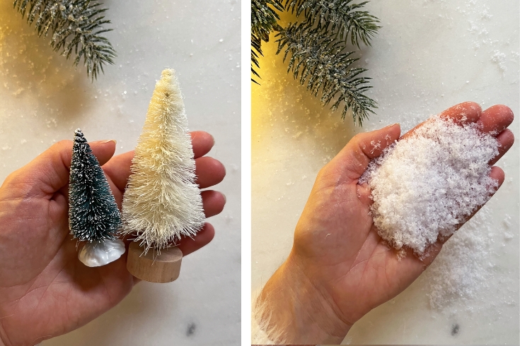 Two photos of small mini trees and artifical snow in a person's hand 