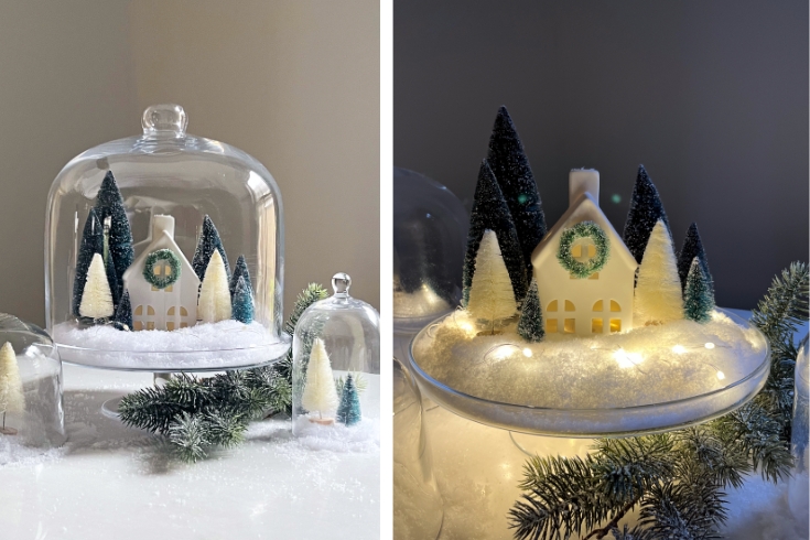DIY Winter village centrepiece with fake snow, mini trees and a ceramic house