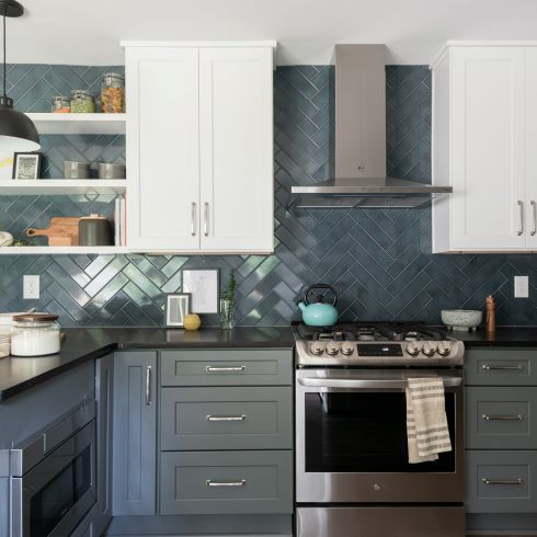 Two-tone kitchen with white uppers and grey lowers
