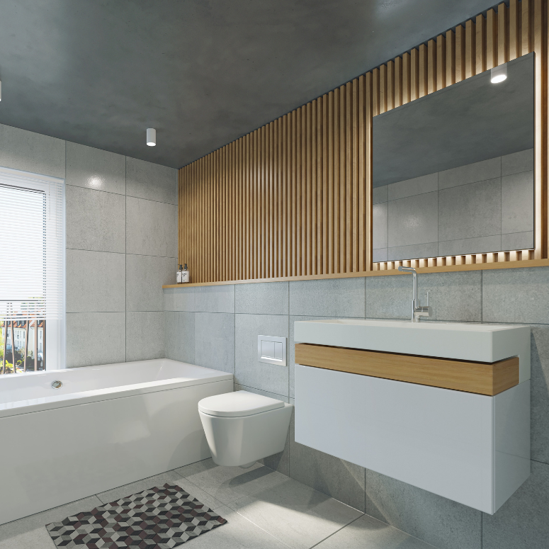 Modern bathroom with wood paneling and a white floating vanity