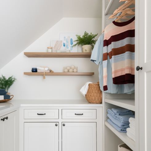 Laundry room with floating shelves