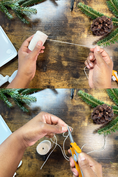 Collage of two photos of a person's hands measuring and cutting white string