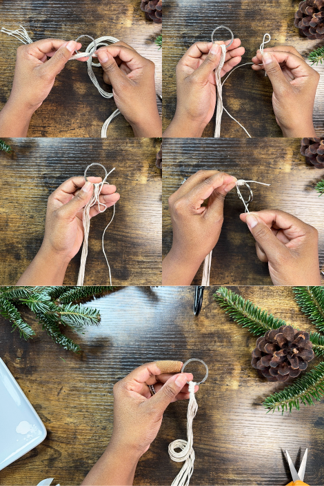 Five photo collage of a person's hands as they attach strings to a keyring