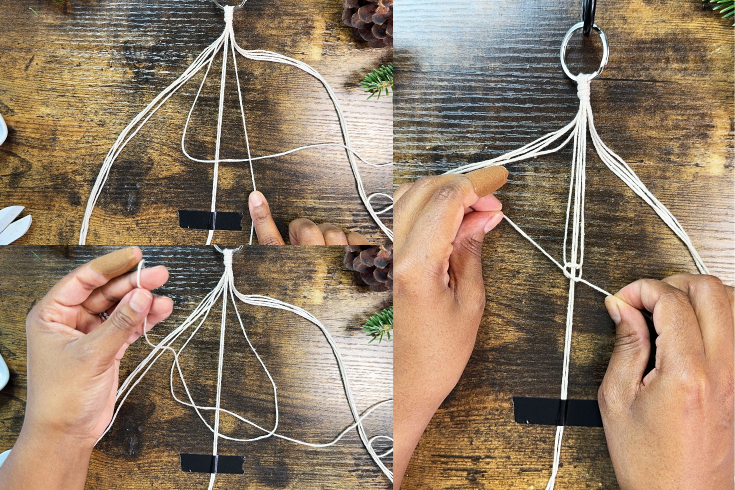 Three photo collage of a person's hands tying square knots