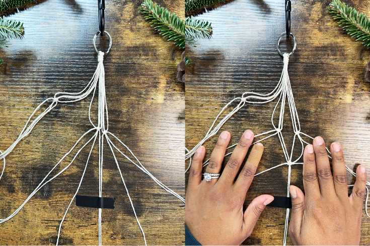 Two photo collage of a person tying more square knots