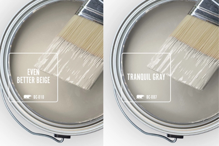 Paint colours of "Even Better Beige" and "Tranquil Gray" by Behr Paint 