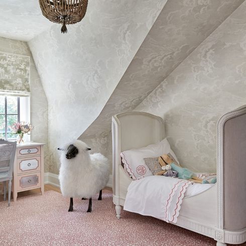 Kids room with wallpapered ceiling