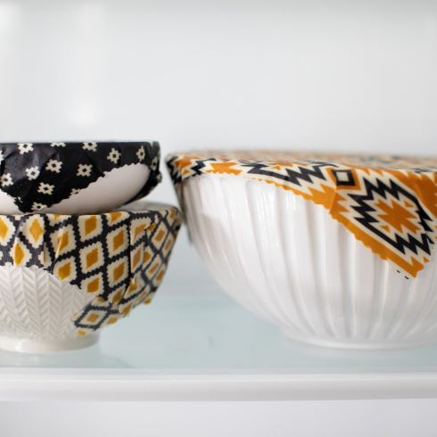 Bowls of varying sizes covered in beeswax wraps
