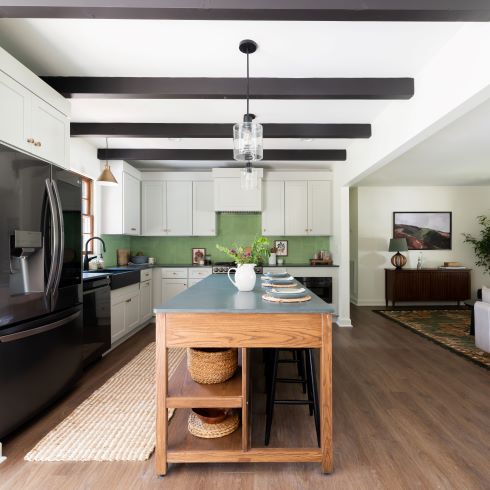Contemporary kitchen with 4 exposed beams