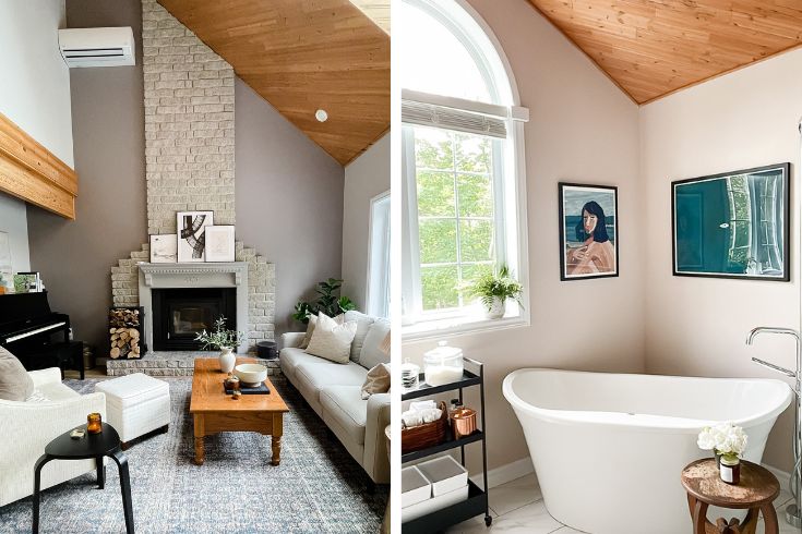 side by side images of home interior: stone fireplace living room on left and bathtub in bathroom on right