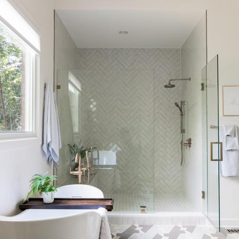 Herringbone tile in walk-in shower