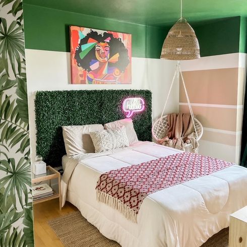 Colour-blocked kid's room with faux grass headboard