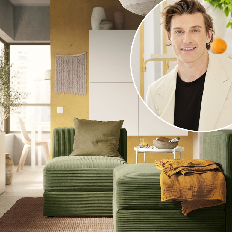 Jeremiah Brent with green IKEA couch