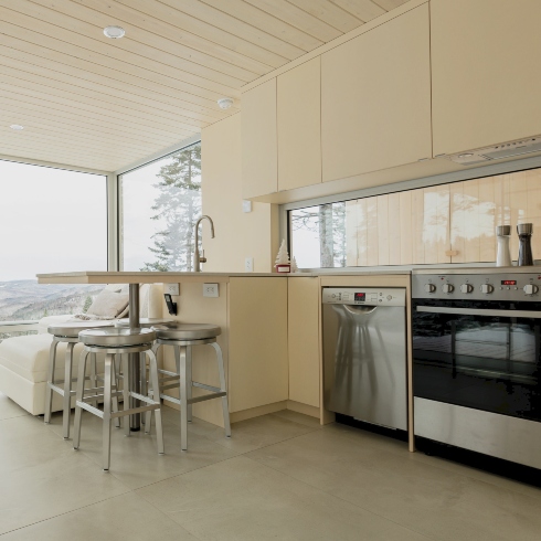 Minimalist Airbnb kitchen in a micro chalet