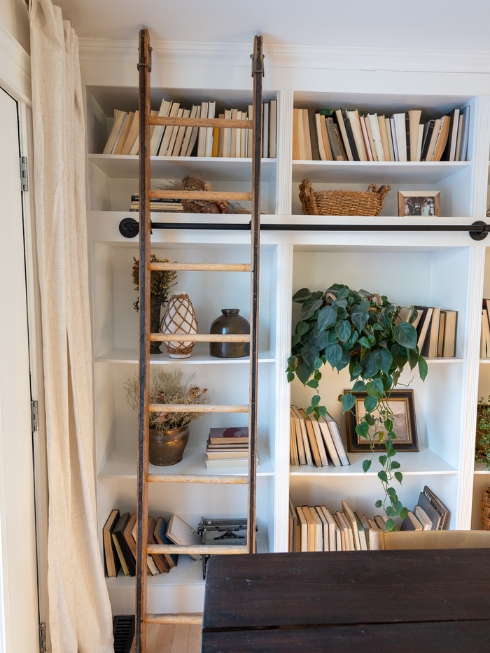 A ladder against a built-in bookcase