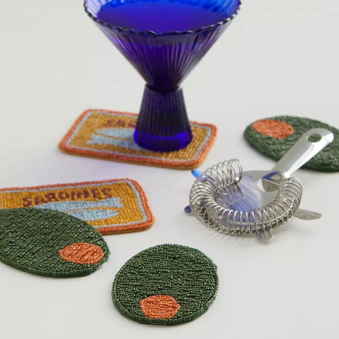 Beaded olive and canned sardine coasters