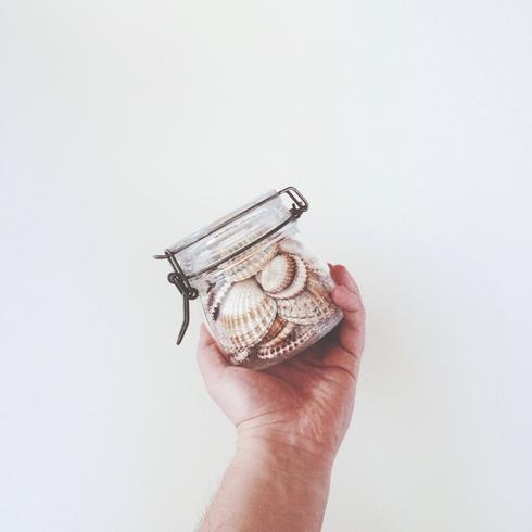 Person holding a jar with shells