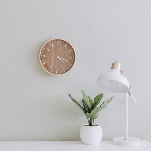 Wide shot of a plant on a table with a clock on the wall beside it.