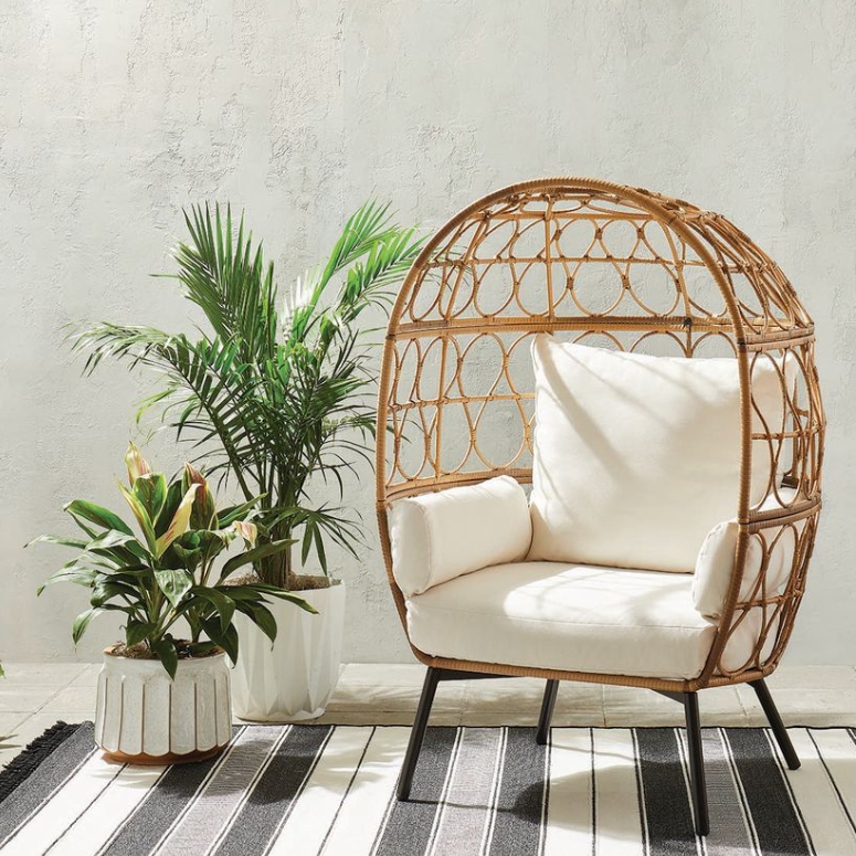 Egg chair with striped outdoor rug and two plants