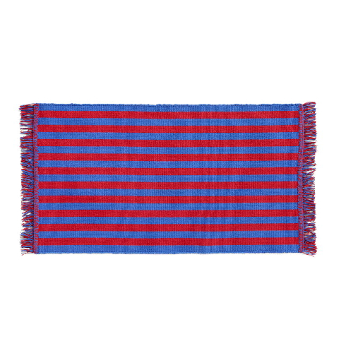 A red and blue striped cotton front door mat