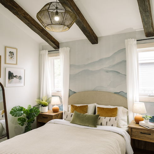 Guest bedroom with faux beams