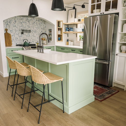 Mint green kitchen with island
