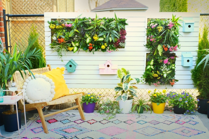 Vertical outdoor garden with a rug, birdhouses and chair, 