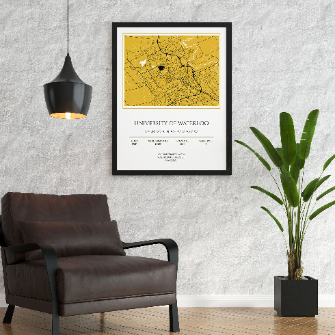 A shot of a personalized University of Waterloo map framed in a modern living space - graduation gifts for friends