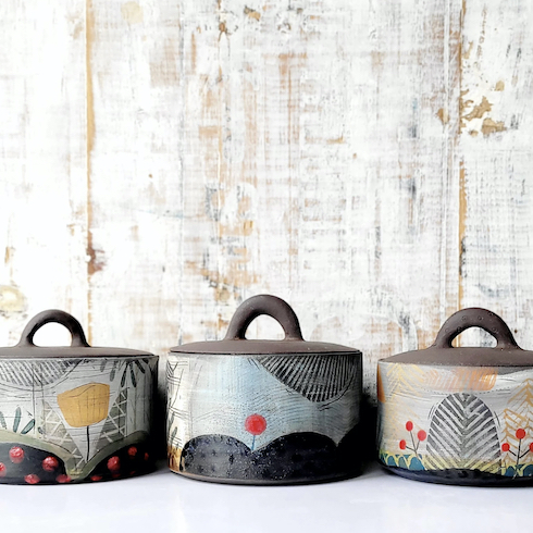 Three handmade and handglazed pots by ceramic artist April Gates for her studio Blackbird Pottery in Muskoka, Ontario, Canada