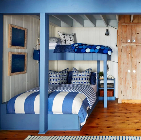 Amazing cottage kids’ bedroom by HGTV designer Sarah Richardson featuring blue and white built in bunkbeds