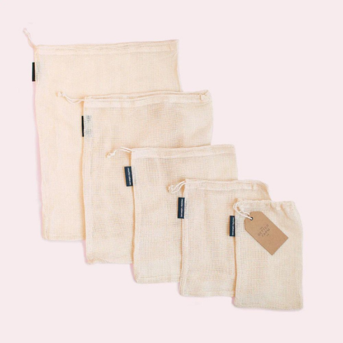 pack of five small cotton mesh bags